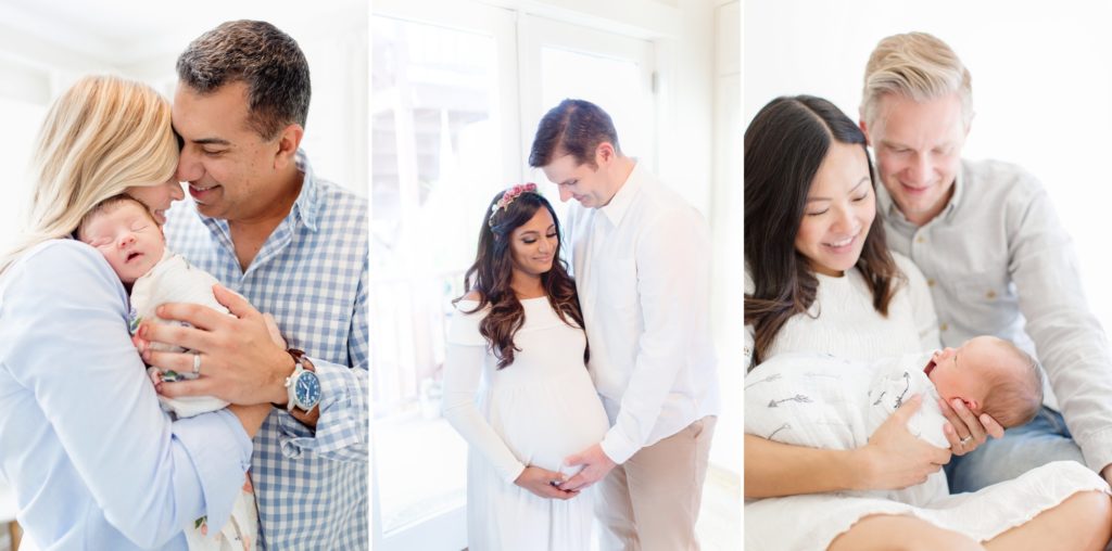 new parents excited to hold their new baby for professional family portraits