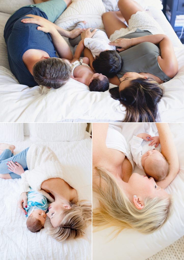 Mom snuggling with newborn baby during professional in-home newborn portraits.